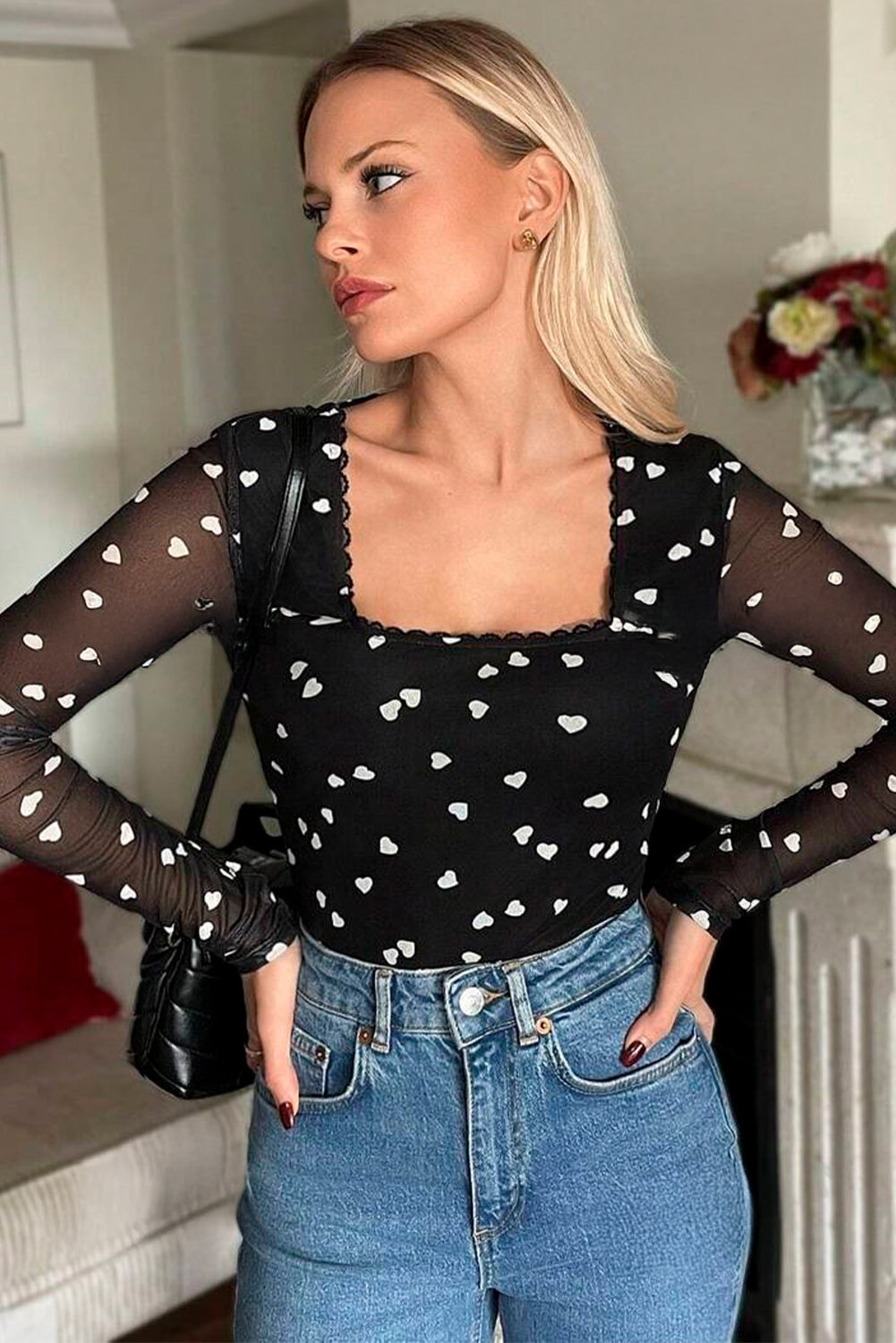 Black Heart Shape Mesh Patchwork Square Neck Bodysuit-Chaelisa's New Jammies