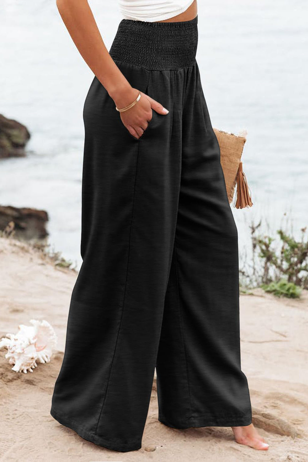 Black Shirred High Waist Plus Size Wide Leg Pants-Chaelisa's New Jammies