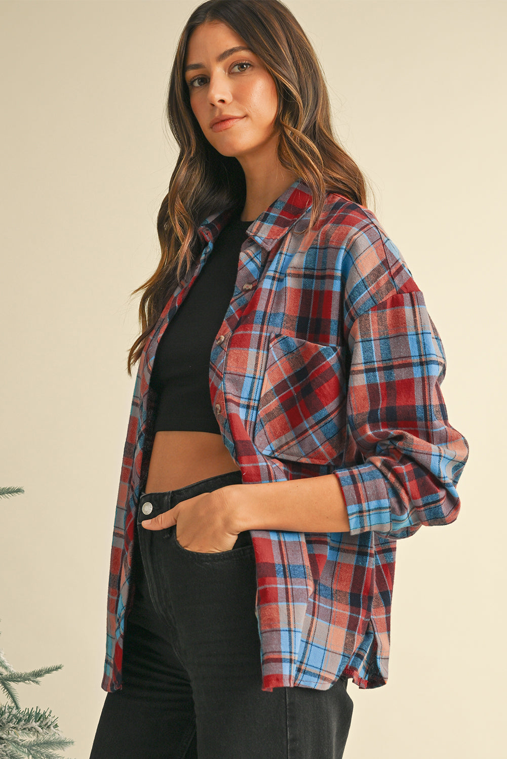 Red Plaid Print Drop Sleeve Loose Shirt-Chaelisa's New Jammies