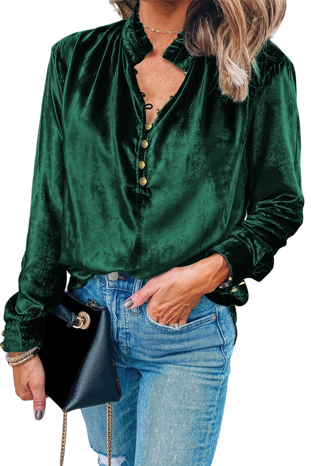 Navy Blue Frilled Buttoned V Neck Velvet Blouse-Chaelisa's New Jammies