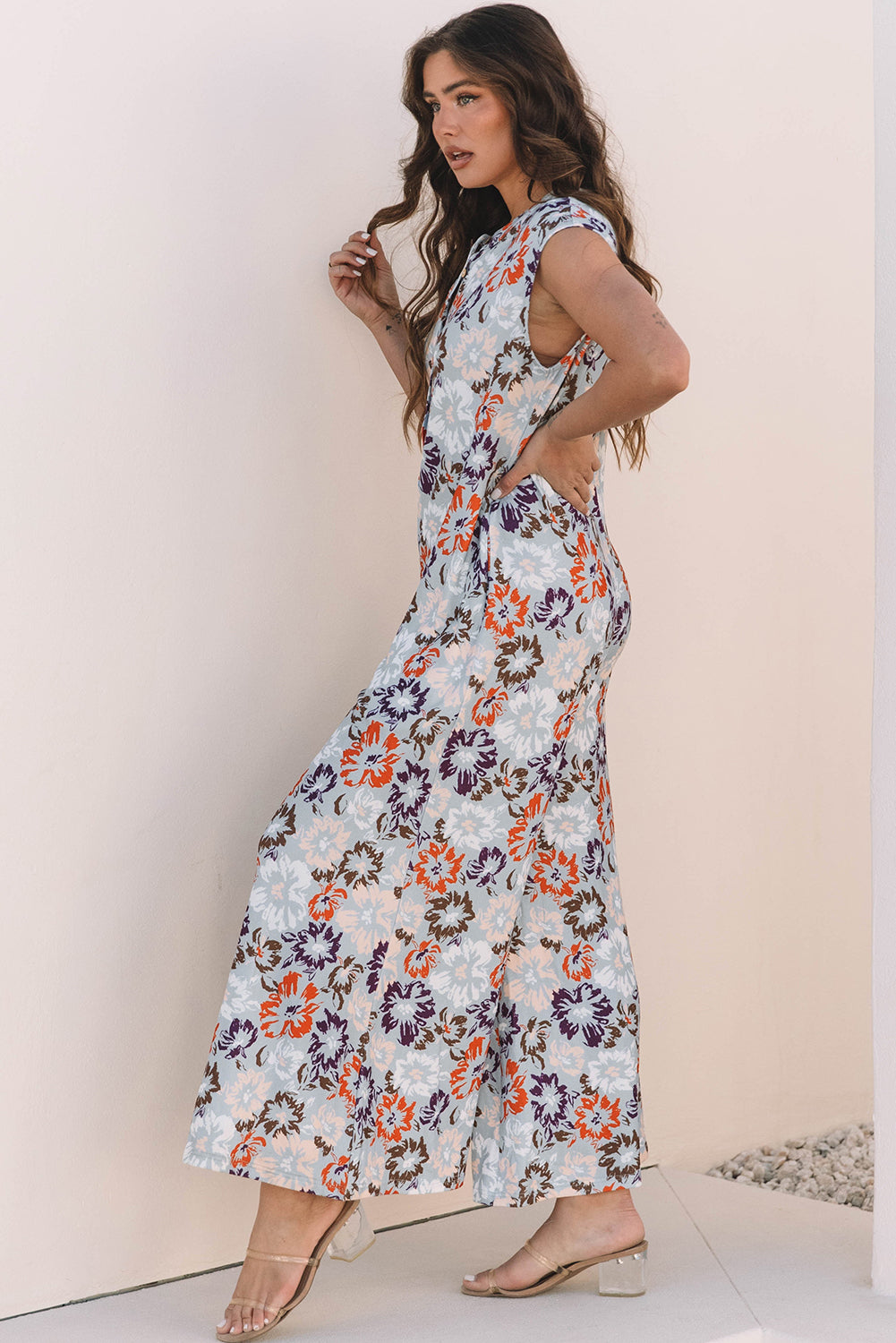 Sky Blue Floral Sleeveless Buttoned Pocketed Wide Leg Jumpsuit-Chaelisa's New Jammies