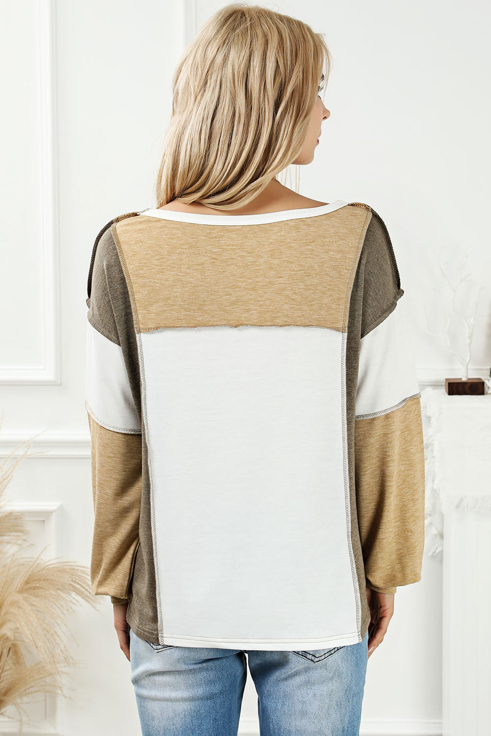 Khaki Exposed Seam Color Block Patchwork Top-Chaelisa's New Jammies