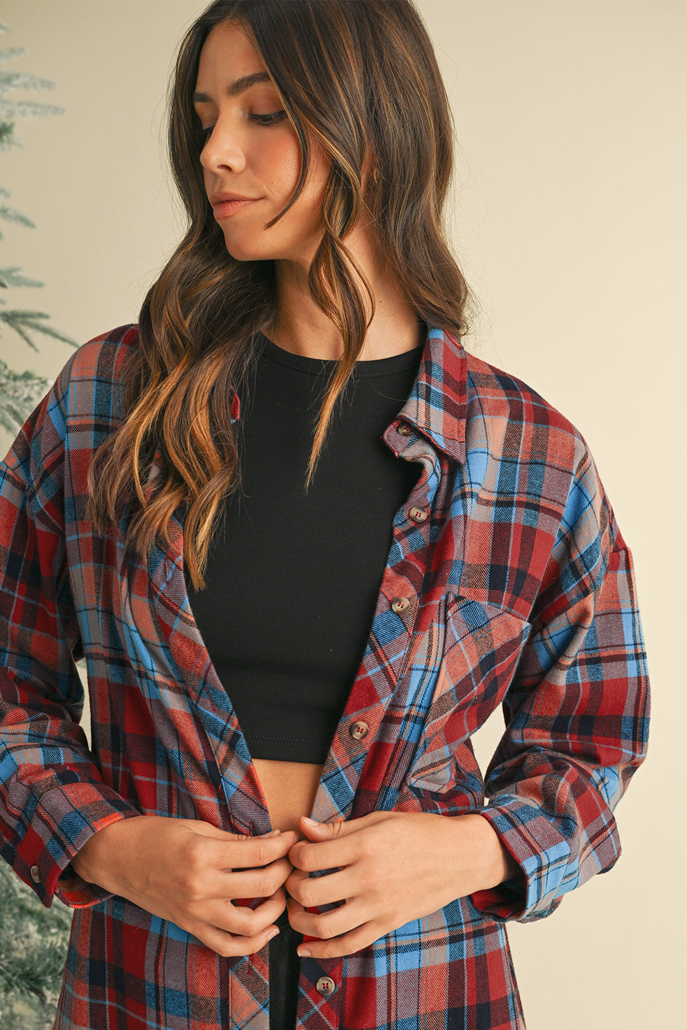 Red Plaid Print Drop Sleeve Loose Shirt-Chaelisa's New Jammies