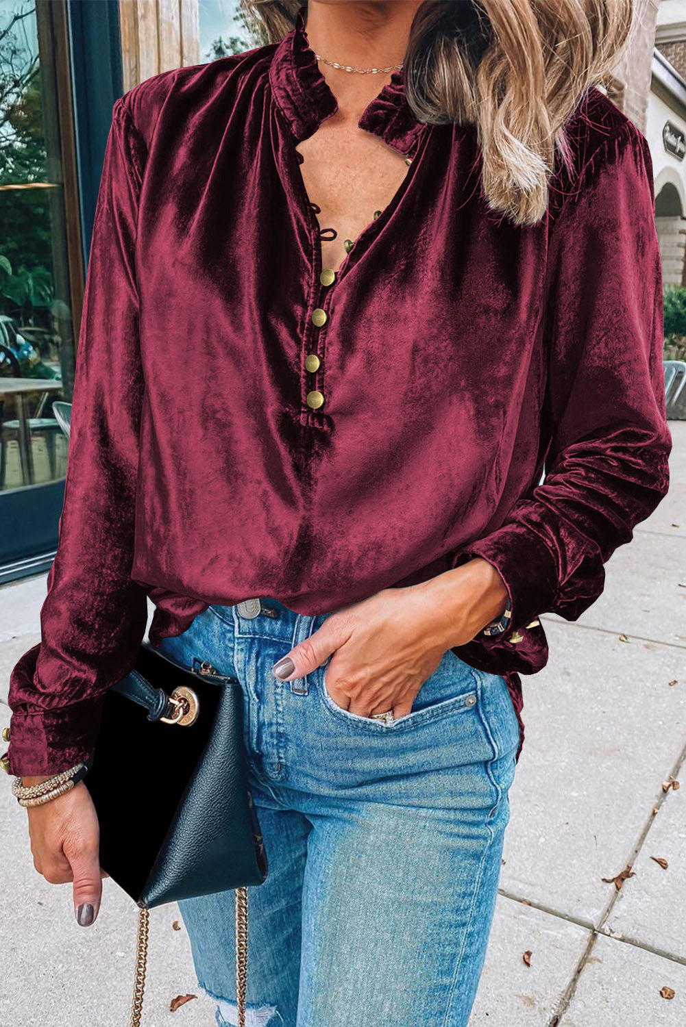 Navy Blue Frilled Buttoned V Neck Velvet Blouse-Chaelisa's New Jammies