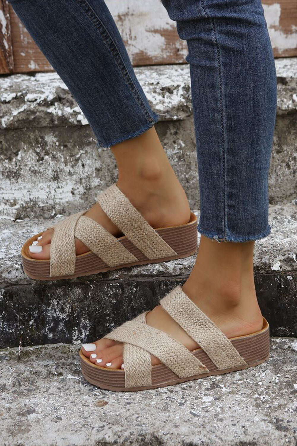 Beige Woven Cross Criss Hollowed Slip-On Slippers-Chaelisa's New Jammies