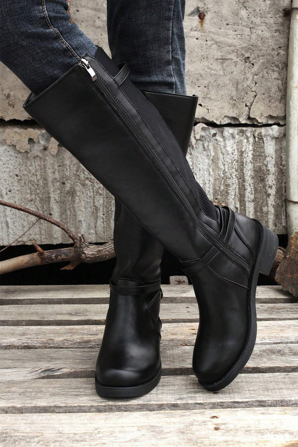 Black Side Zipper Knee High Chunky Low Heel Boots-Chaelisa's New Jammies