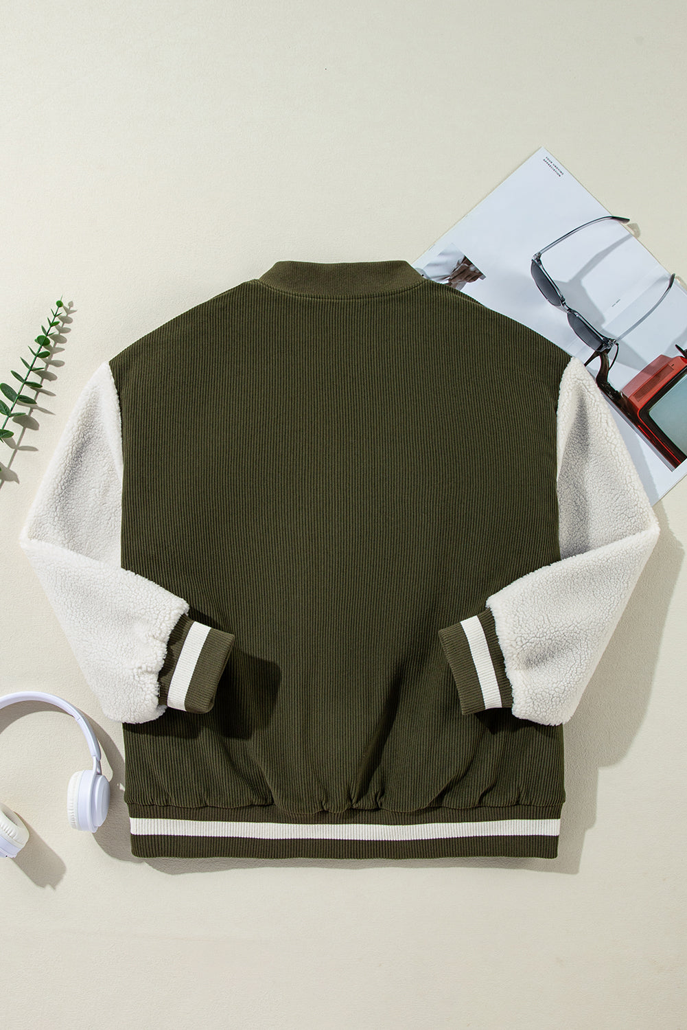 Mist Green Corduroy Fleece Patchwork Buttoned Bomber Jacket-Chaelisa's New Jammies