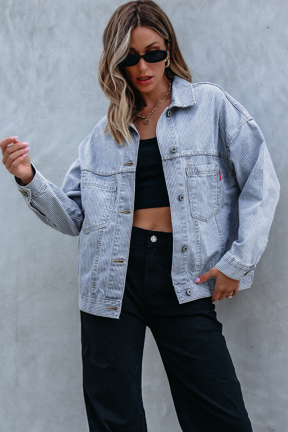 Sky Blue Stripe Washed Oversize Pocketed Denim Jacket-Chaelisa's New Jammies