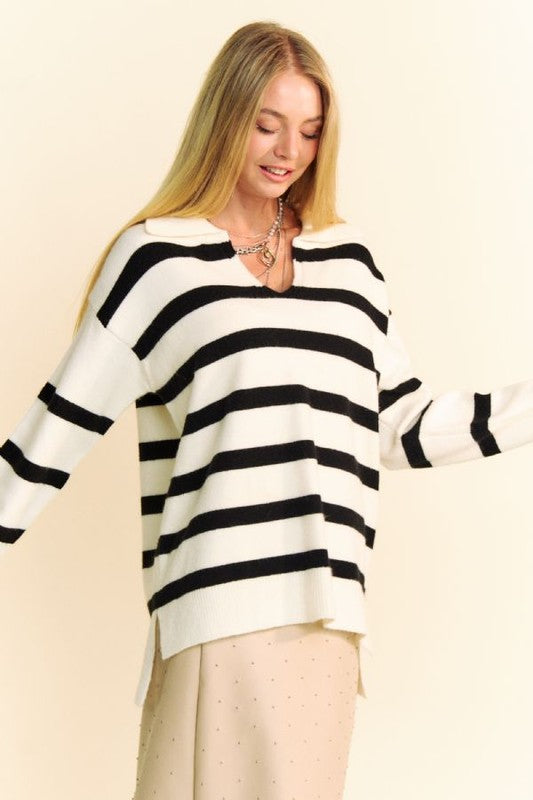 Davi & Dani High-Low Side Slit Striped Johnny Collar Sweater-Chaelisa's New Jammies