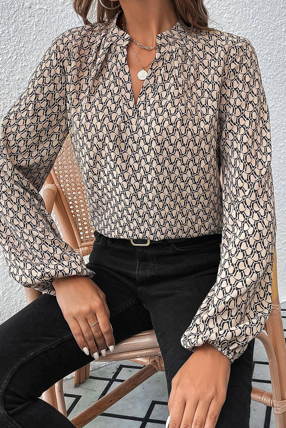 Khaki Geometric Print Notched Neck Puff Sleeve Blouse-Chaelisa's New Jammies