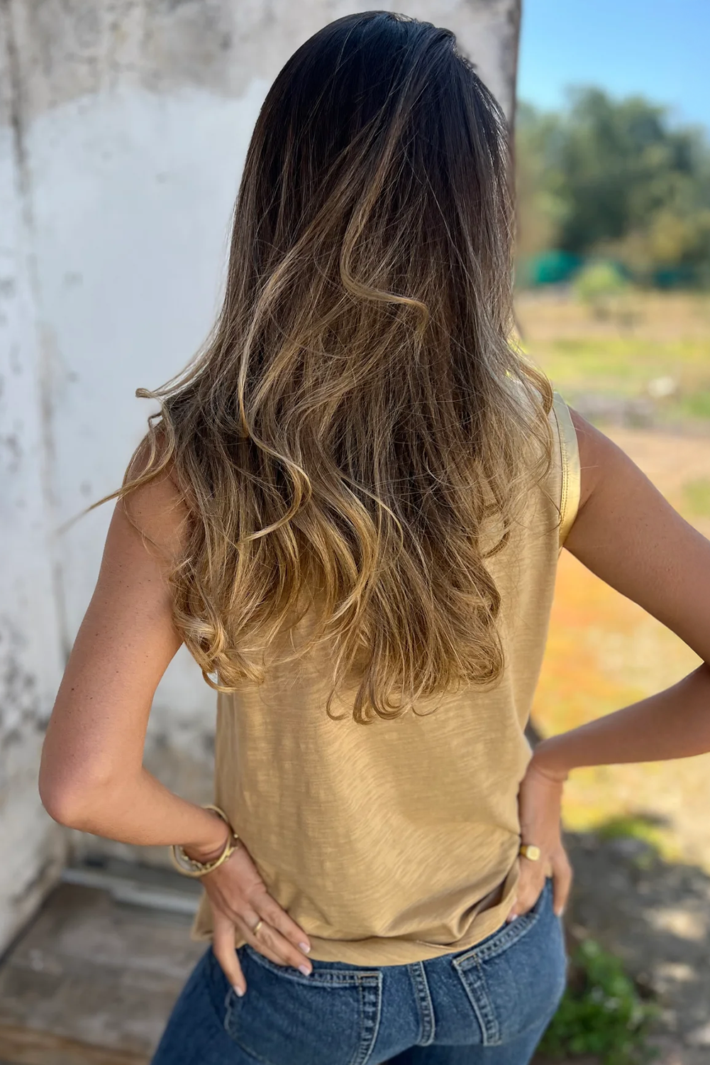 Tan Metallic Sheen Edge Scoop Neck Tank Top-Chaelisa's New Jammies
