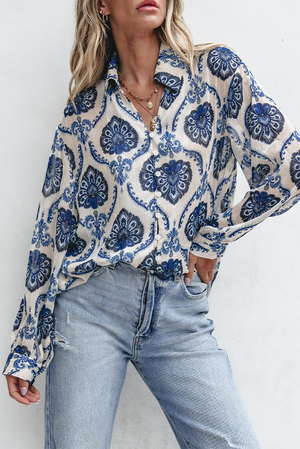 Blue Tribal Pattern Buttoned Front Loose Shirt-Chaelisa's New Jammies