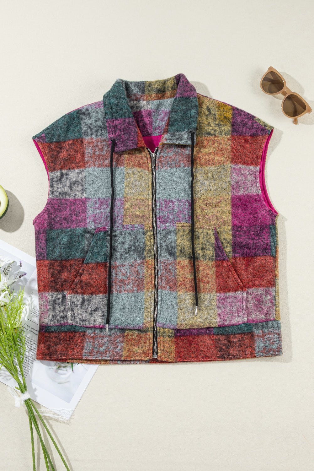 Multicolor Plaid Print Side Pockets Zipped Loose Vest-Chaelisa's New Jammies