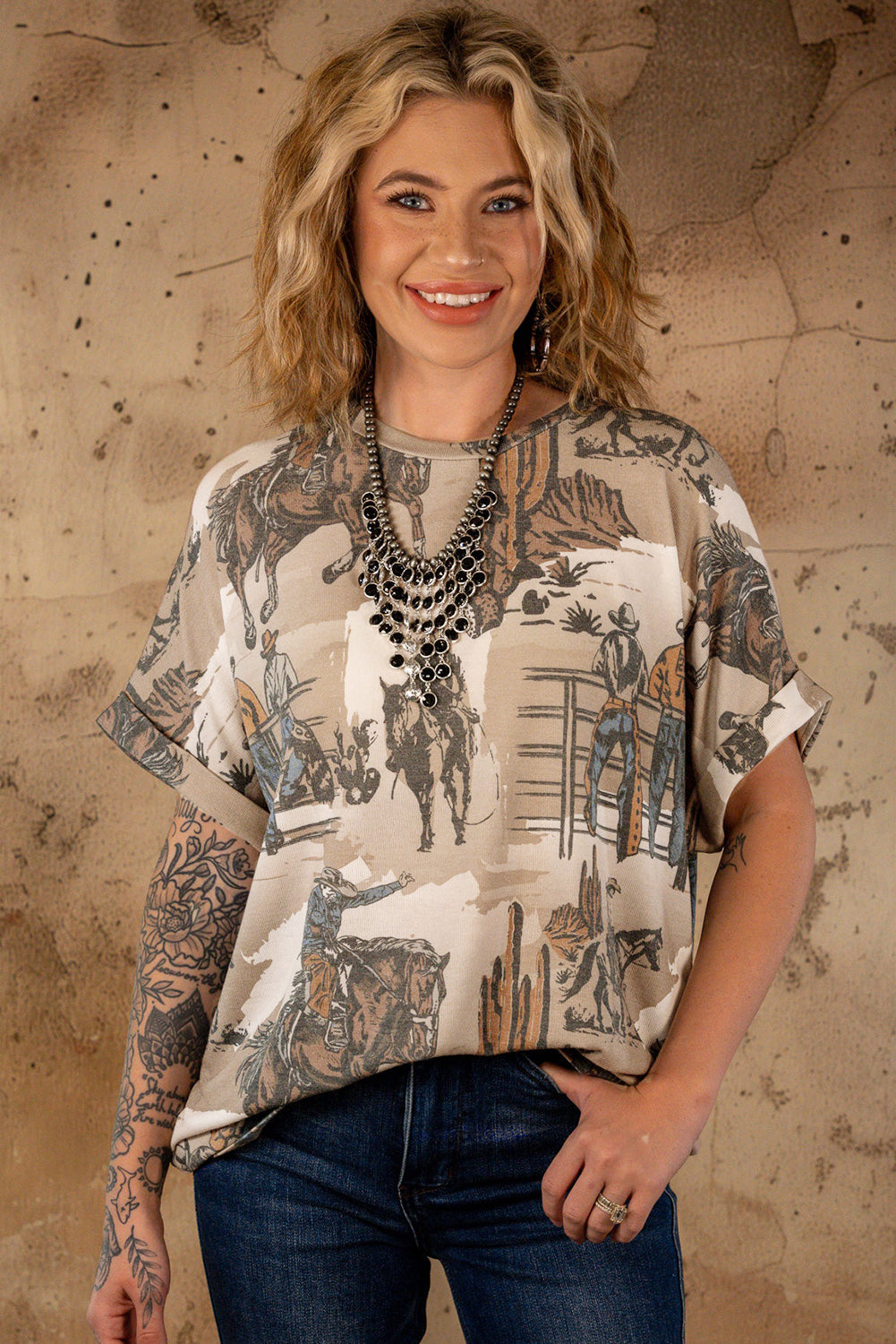 Khaki Western Cowboy Print Cuffed Sleeve Crewneck T Shirt-Chaelisa's New Jammies