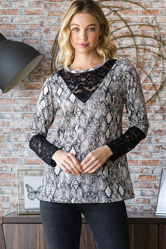 Heimish Full Size Snakeskin Print Round Neck Lace Contrast Top-Chaelisa's New Jammies