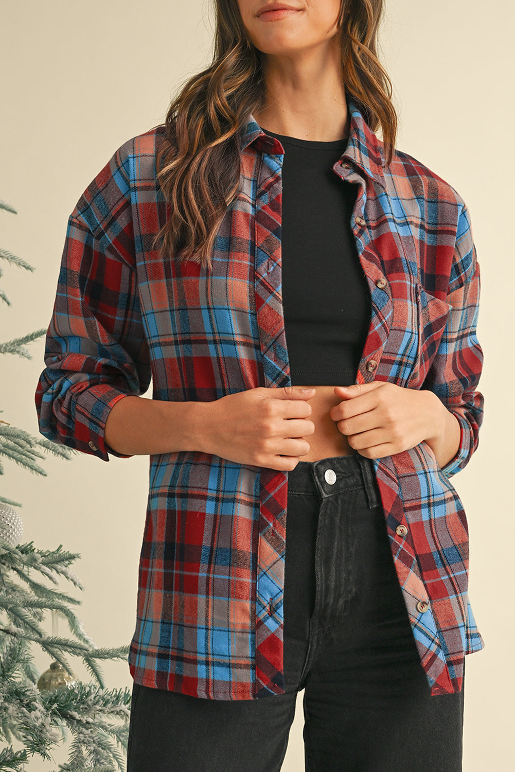Red Plaid Print Drop Sleeve Loose Shirt-Chaelisa's New Jammies
