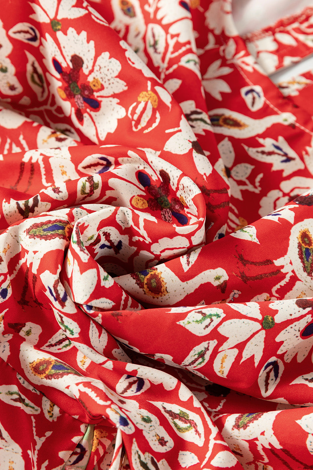 Red Colorful Floral Patchwork Long Sleeve Pleated Mini Dress-Chaelisa's New Jammies