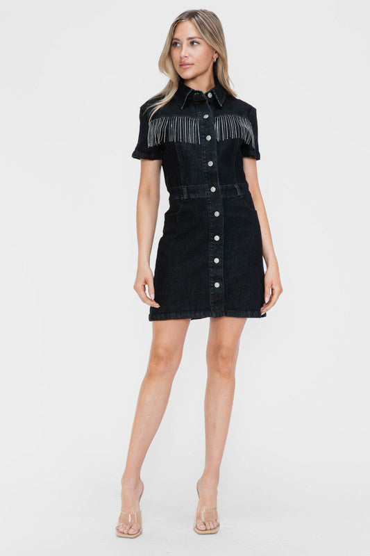 bytos Full Size Embellished Button Down Short Sleeve Denim Dress-Chaelisa's New Jammies
