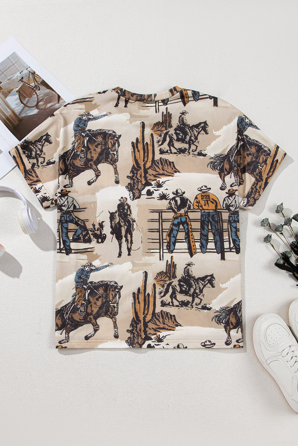 Khaki Western Cowboy Print Cuffed Sleeve Crewneck T Shirt-Chaelisa's New Jammies