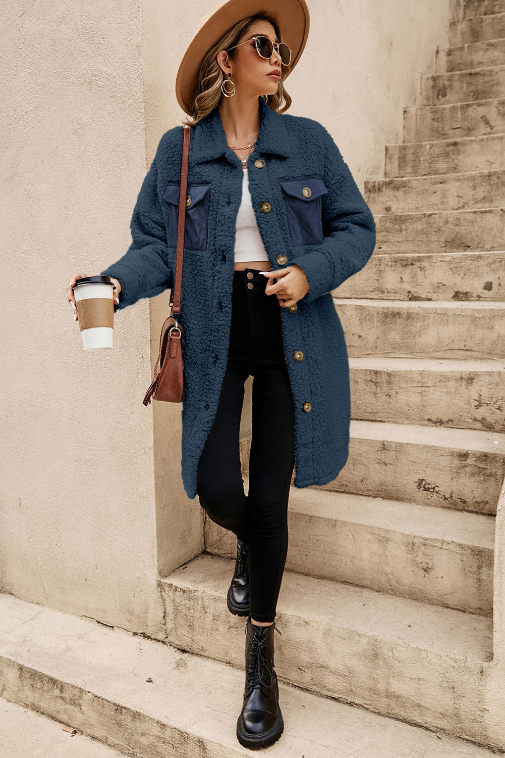 Blue Contrast Flap Pocket Single Breasted Teddy Coat-Chaelisa's New Jammies