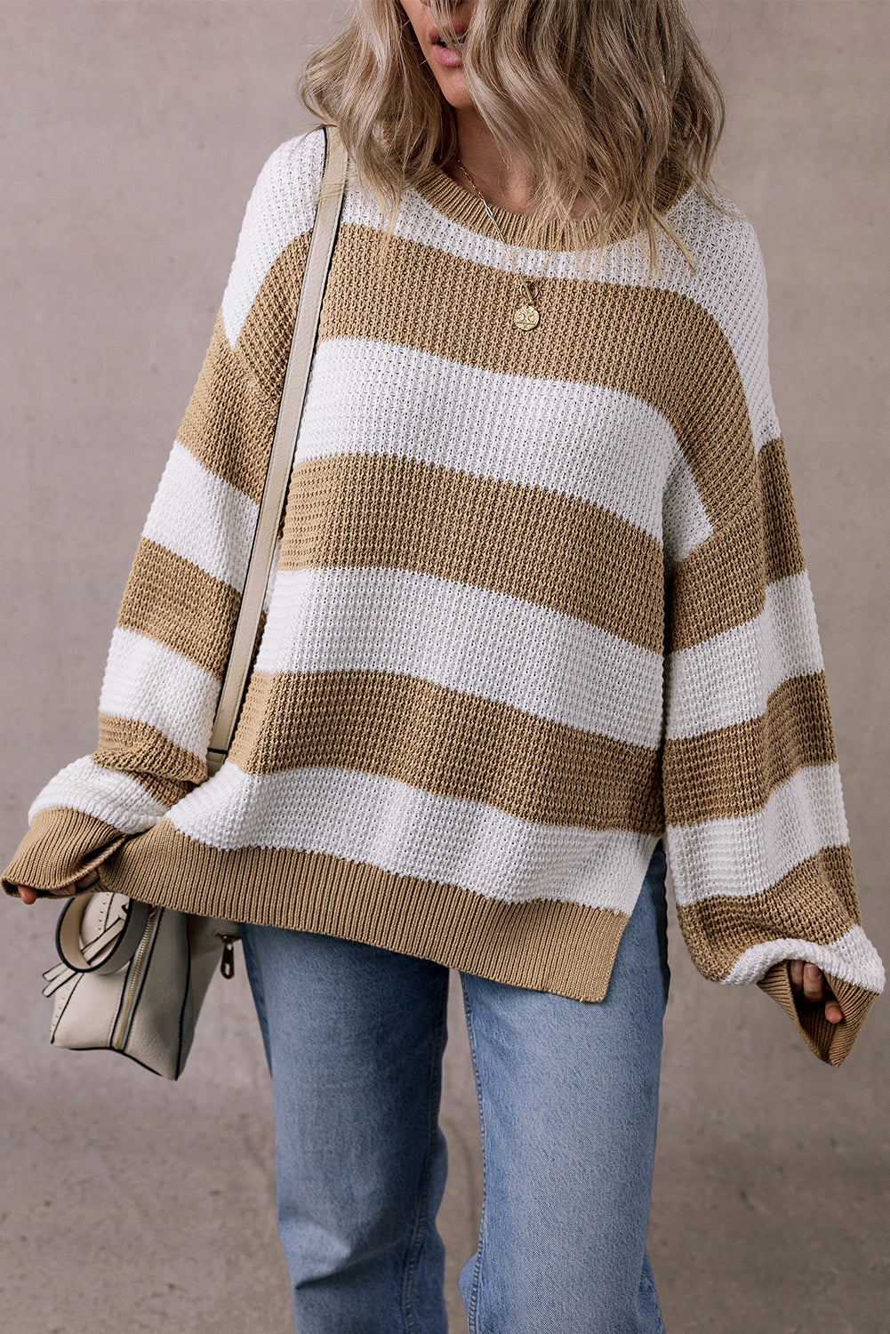 Light French Beige Colorblock Striped Drop Shoulder Side Slit Sweater-Chaelisa's New Jammies