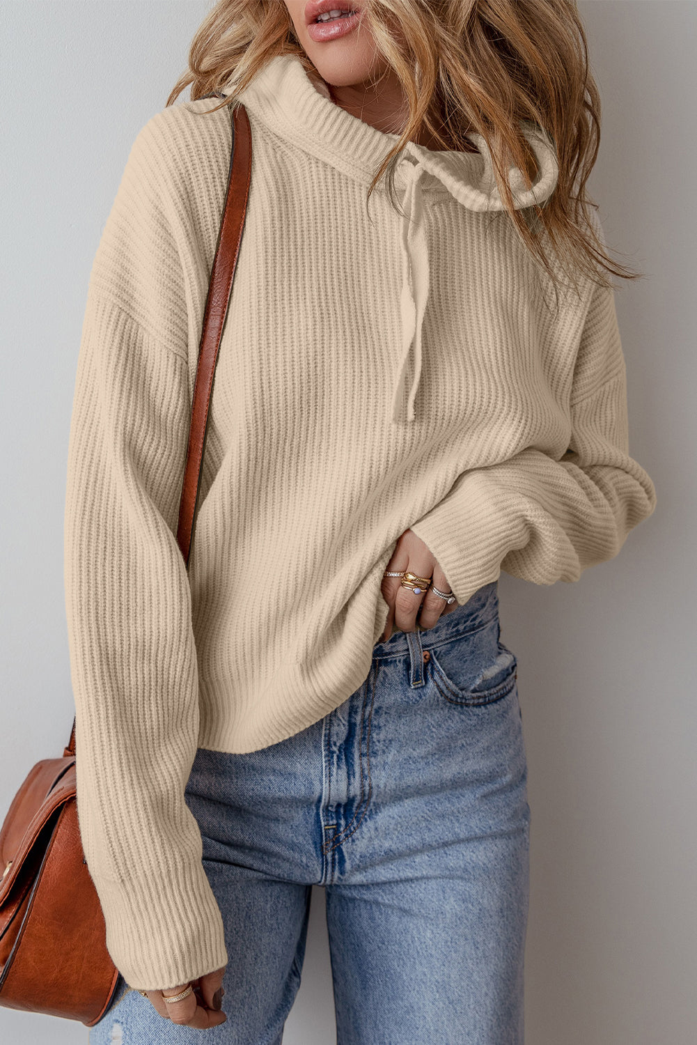 Beige Solid Color Drawstring Hooded Drop Shoulder Pullover Sweater-Chaelisa's New Jammies
