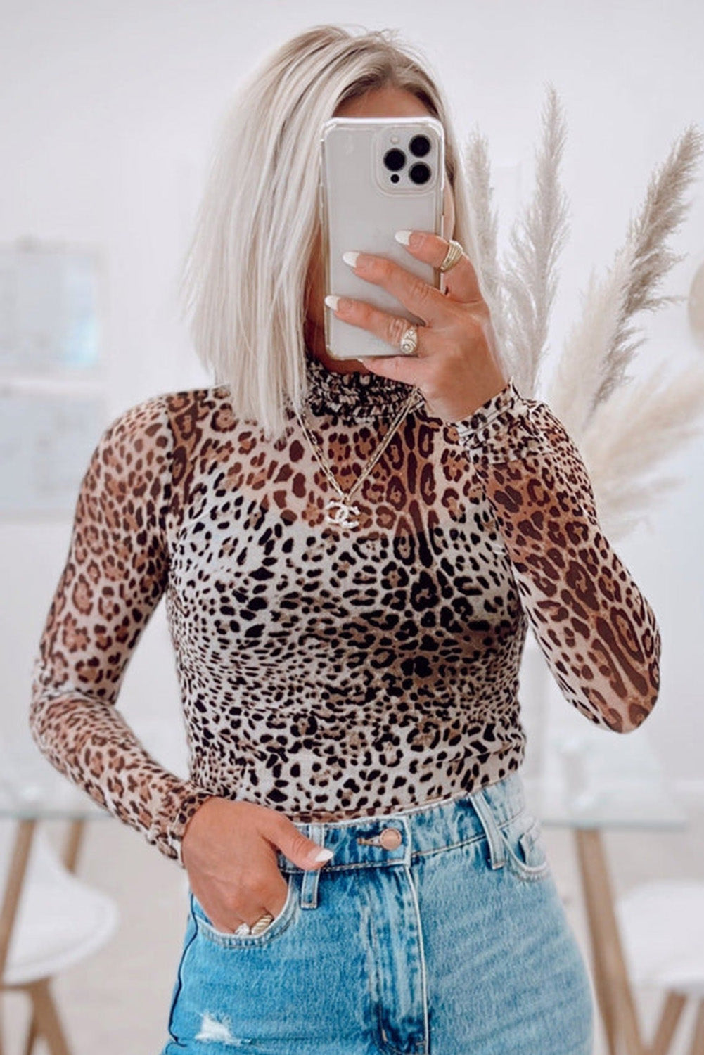 Brown Leopard Smocked Neck Mesh Long Sleeve Bodysuit-Chaelisa's New Jammies