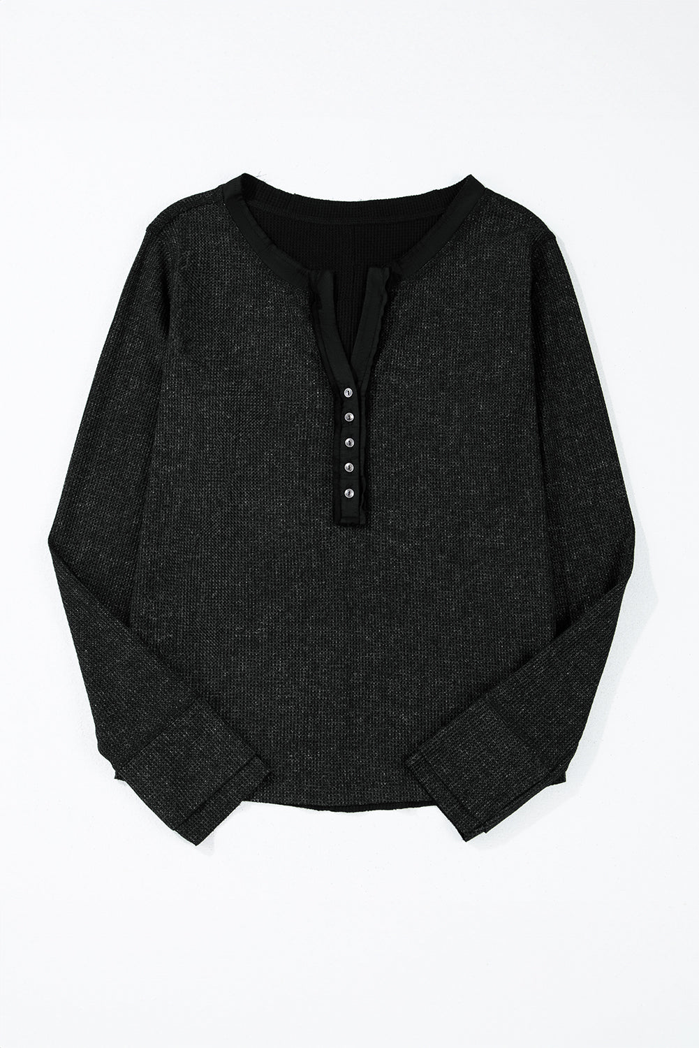 Black Acid Wash Waffle Knit Buttoned Neckline Long Sleeve Top-Chaelisa's New Jammies