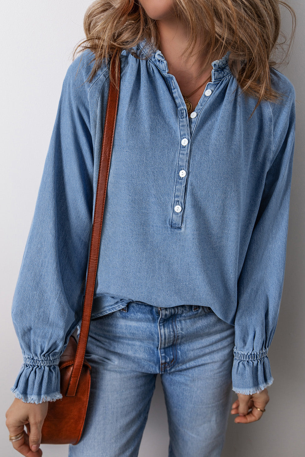 Sky Blue Frilled Raw Hem Half Buttoned Denim Top-Chaelisa's New Jammies