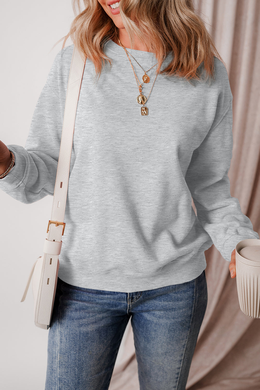 Gray Solid Fleece Lined Drop Shoulder Terry Sweatshirt-Chaelisa's New Jammies