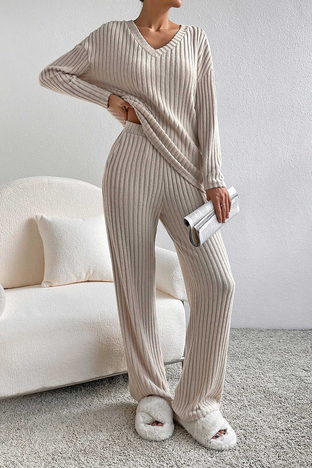 Khaki Ribbed Knit V Neck Slouchy Two-piece Outfit-Chaelisa's New Jammies