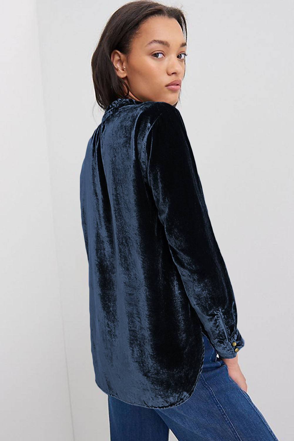 Navy Blue Frilled Buttoned V Neck Velvet Blouse-Chaelisa's New Jammies