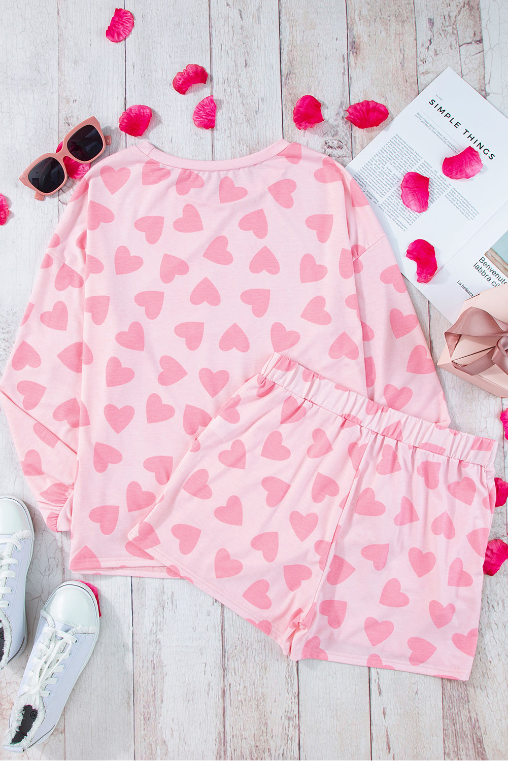 Pink Valentine Heart Shape Print Long Sleeve Top Shorts Lounge Set-Chaelisa's New Jammies