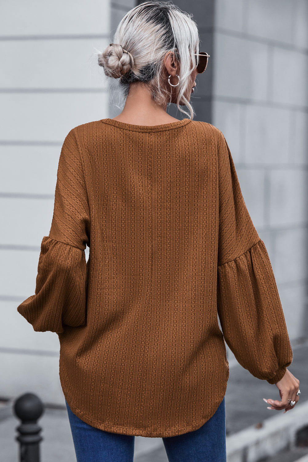 Faux Knit Jacquard Puffy Long Sleeve Top-Chaelisa's New Jammies