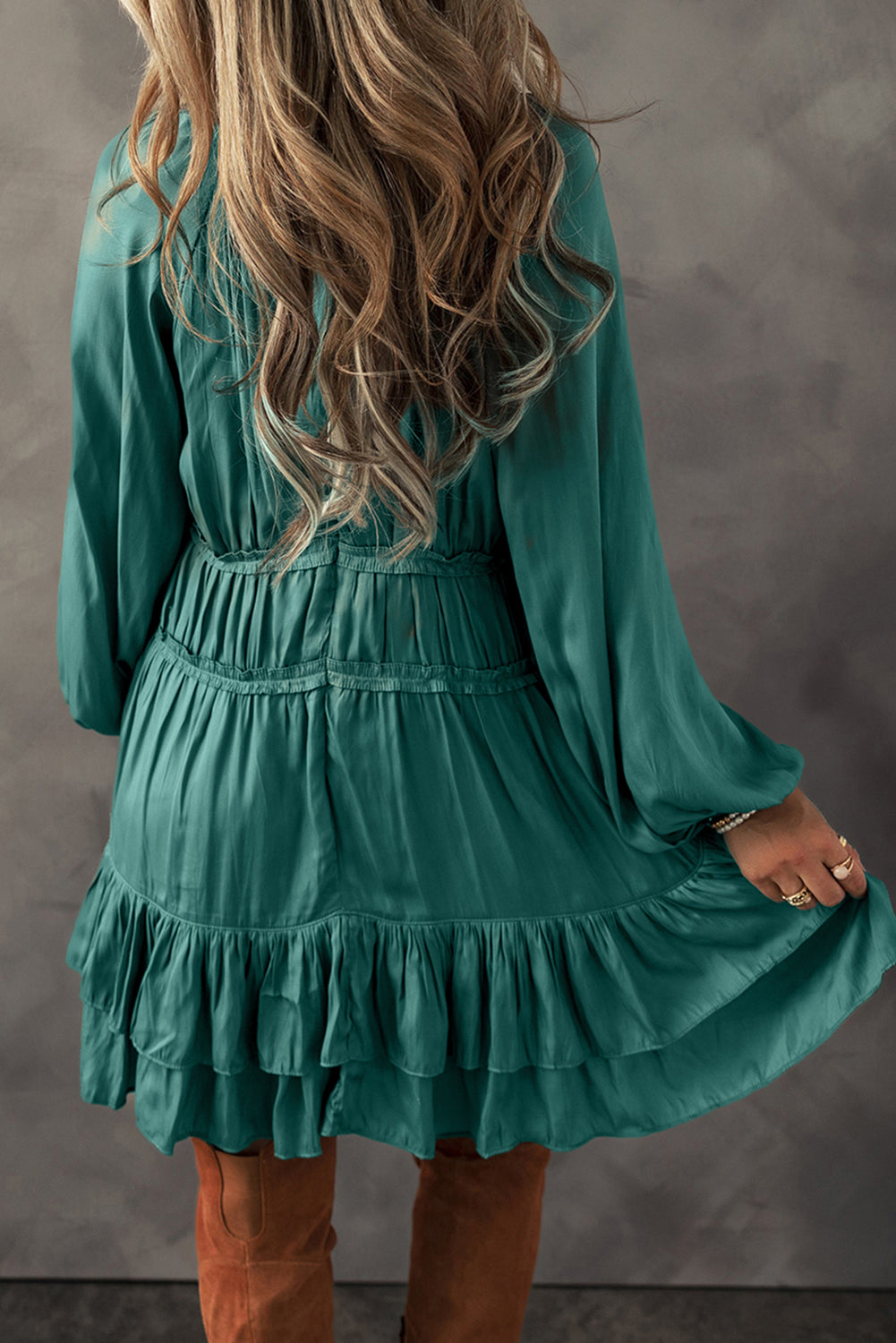 Mist Green Tiered Ruffled Puff Sleeve Loose Fit Mini Dress-Chaelisa's New Jammies