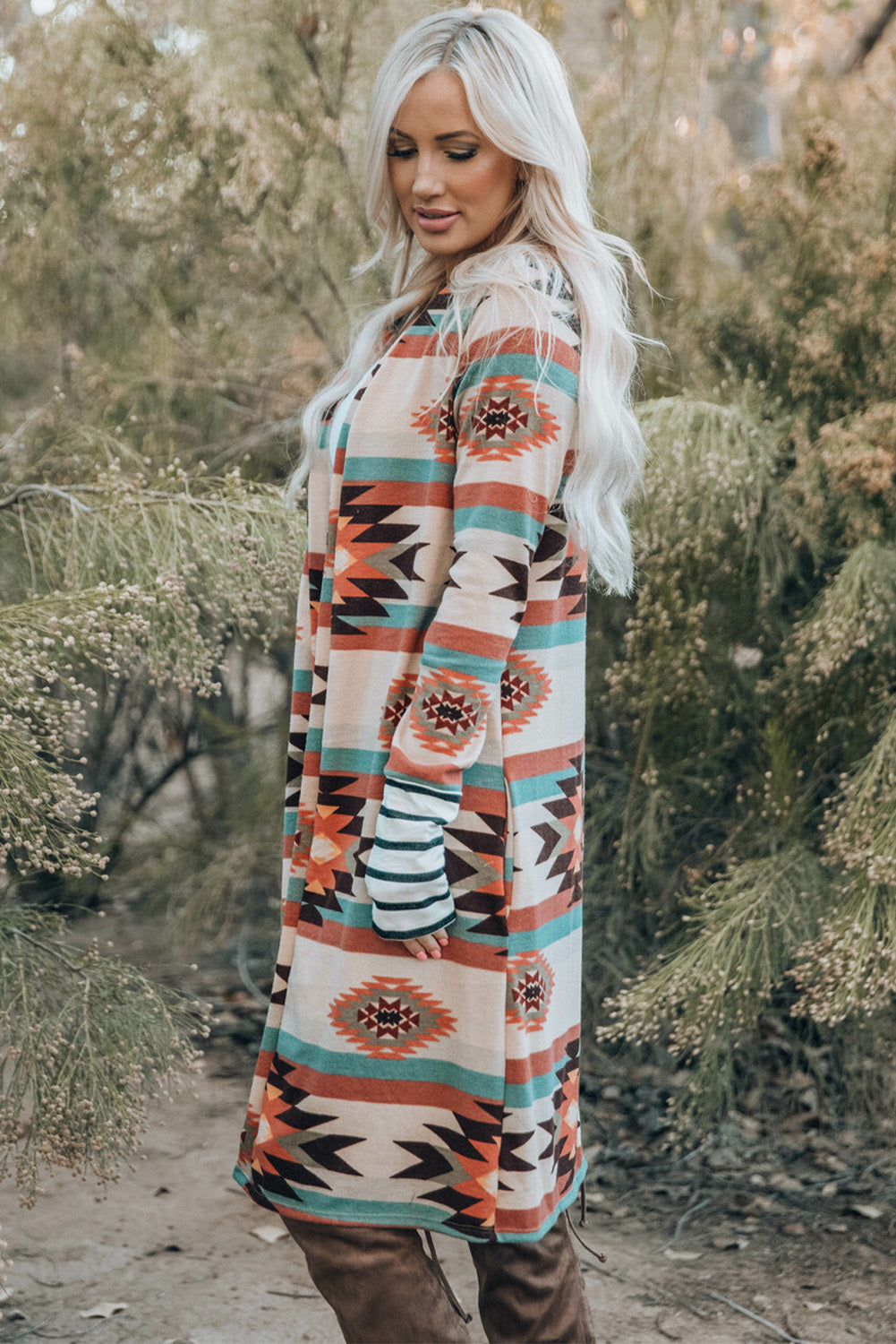 Multicolor Geometric Color Block Open Front Long Cardigan-Chaelisa's New Jammies