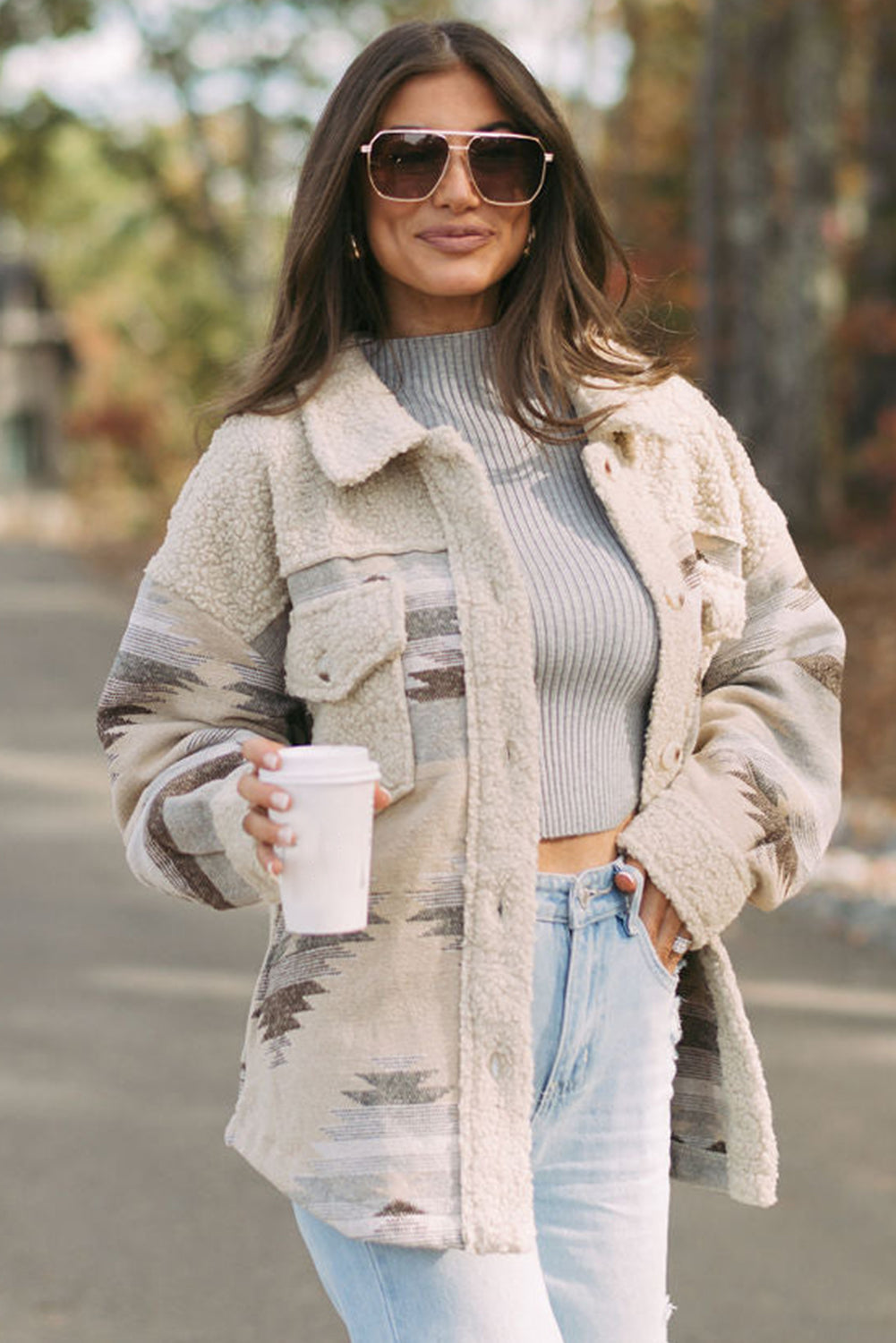 Khaki Western Aztec Print Sherpa Splicing Buttoned Flap Pocket Coat-Chaelisa's New Jammies