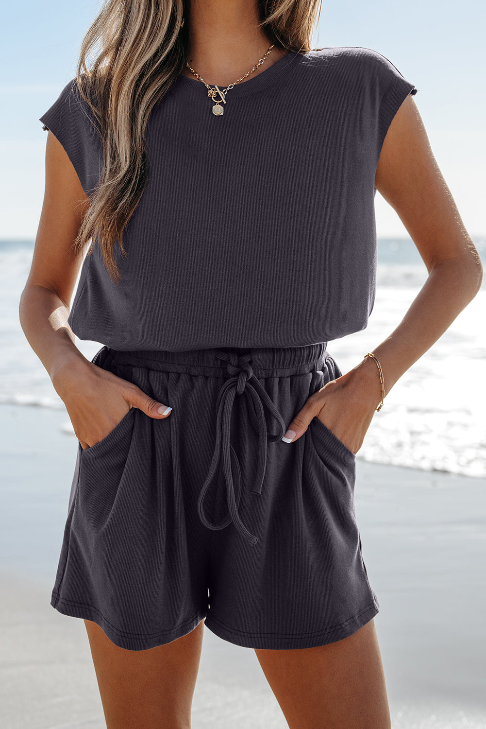 Bristol Black Knit Open Back Cap Sleeve Drawstring Romper-Chaelisa's New Jammies