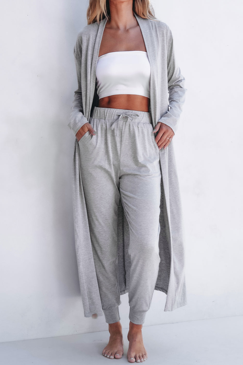 Light Grey Split Long Cardigan and Skinny Pants Lounge Set-Chaelisa's New Jammies