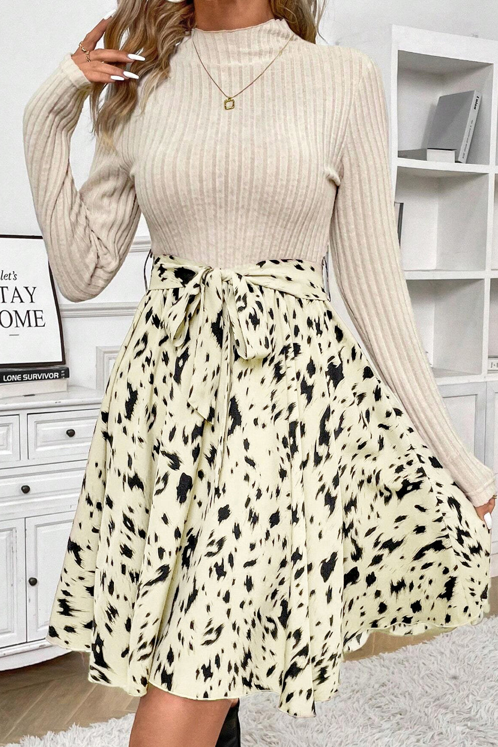 Beige Ribbed Knit Patchwork Printed Belted A-line Dress-Chaelisa's New Jammies