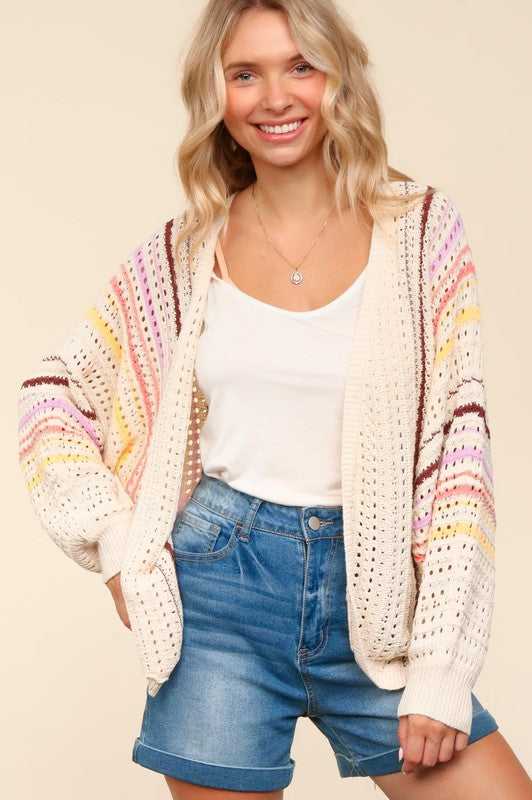 Haptics Full Size Striped Crochet Open Front Cardigan-Chaelisa's New Jammies