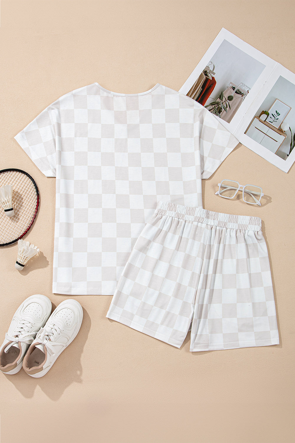 Beige Checkered V Neck Tee Drawstring Shorts Lounge Set-Chaelisa's New Jammies