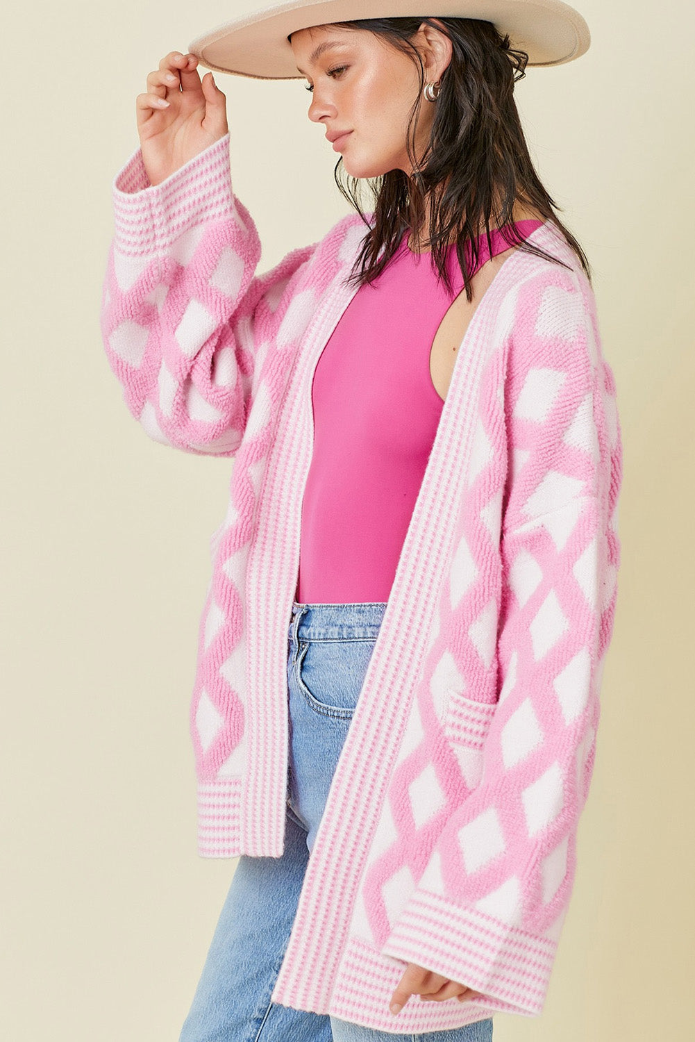 Pink Rhombus Pattern Knit Open Front Pocketed Cardigans-Chaelisa's New Jammies