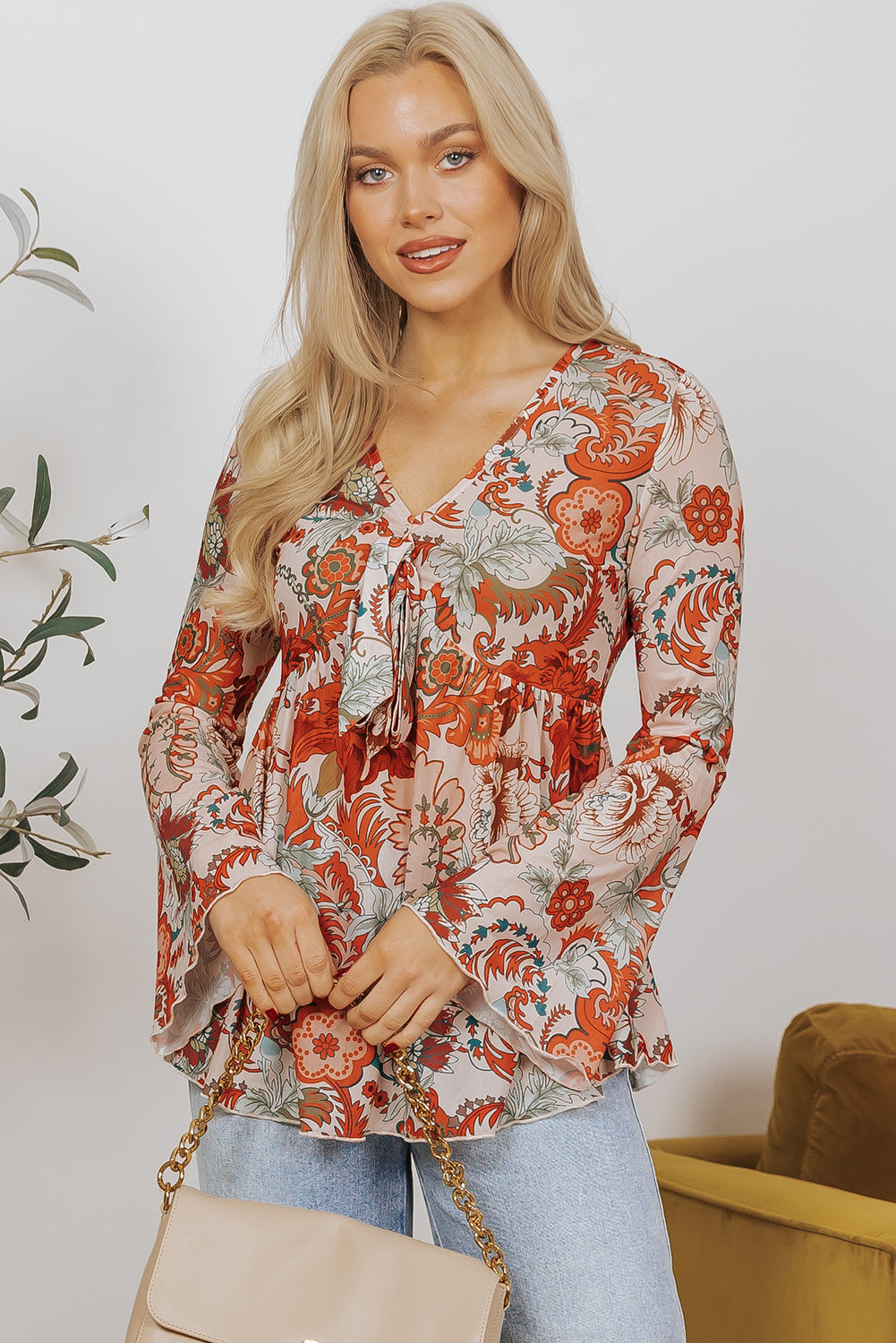 Orange Floral Print Deep V Neck Knot Bell Sleeve Blouse-Chaelisa's New Jammies