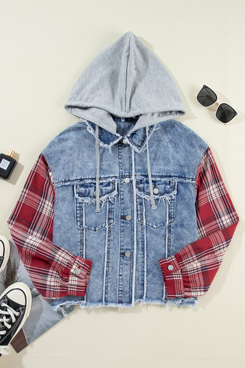 Beau Blue Plaid Print Patchwork Hooded Raw Hem Denim Jacket-Chaelisa's New Jammies