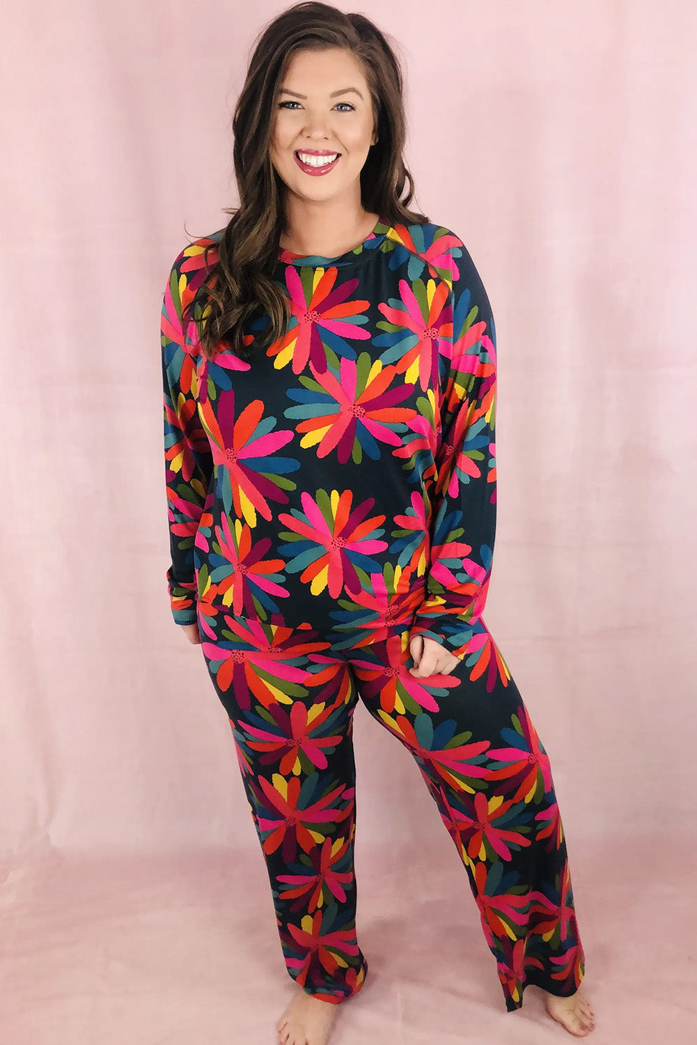 Black Plus Size Printed Long Sleeve and Pants Lounge Set-Chaelisa's New Jammies