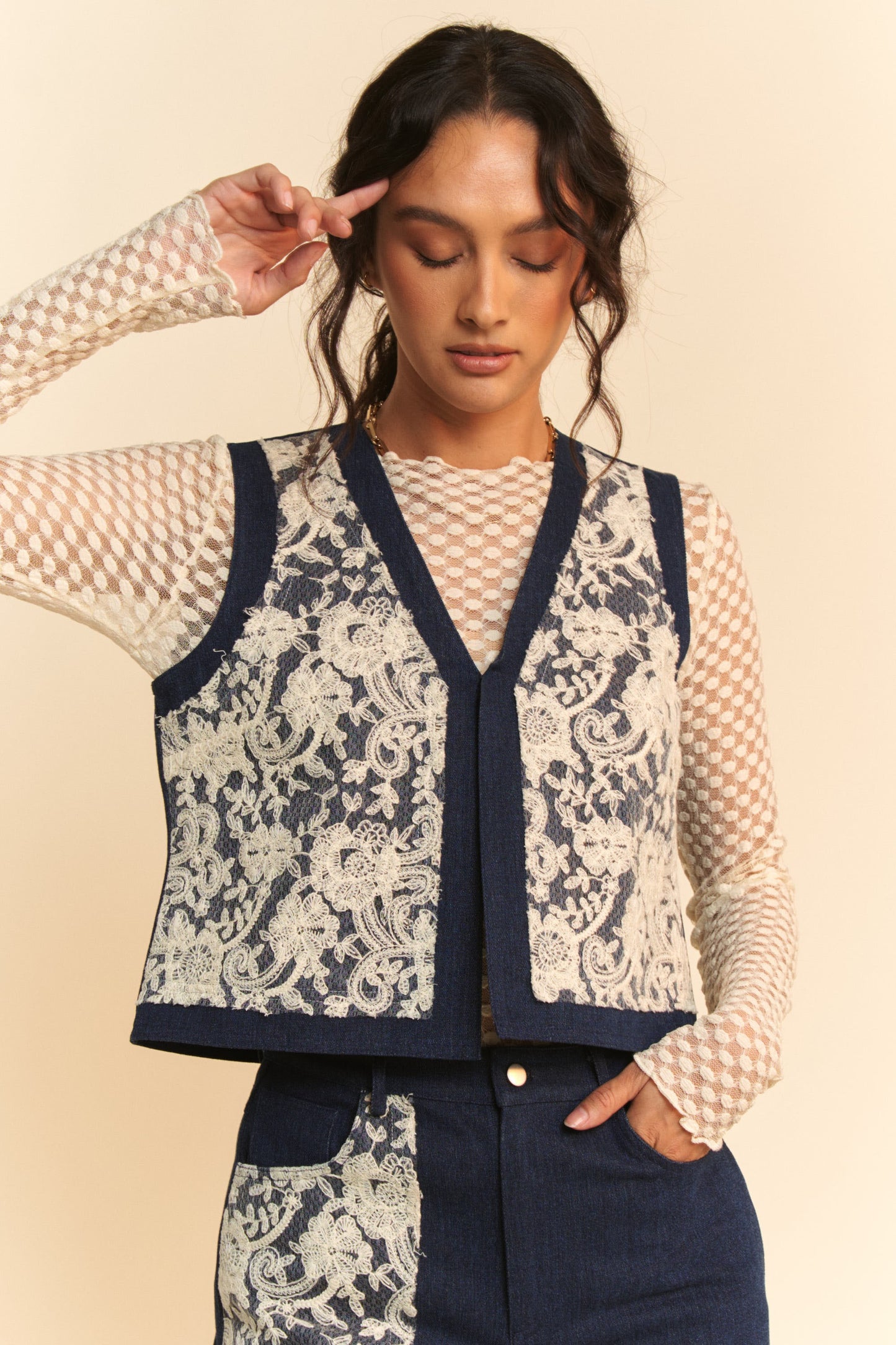 Davi & Dani Lace Patch Open Front Denim Vest-Chaelisa's New Jammies