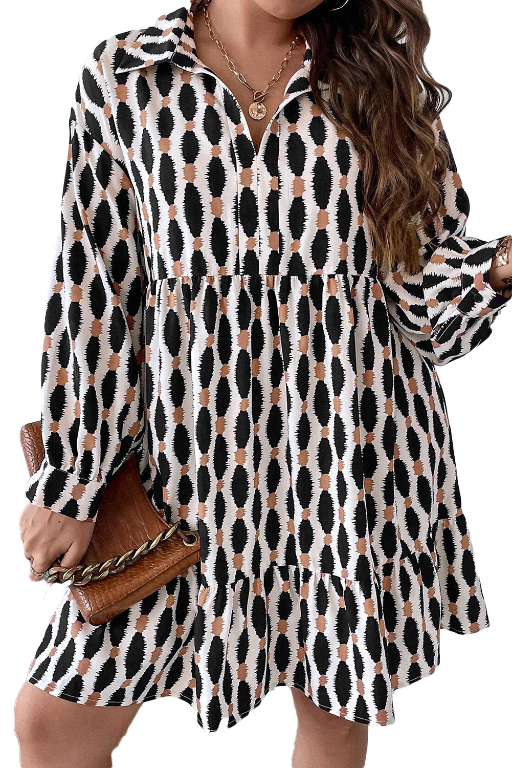 Apricot Abstract Print Collared V Neck Plus Size Mini Dress-Chaelisa's New Jammies