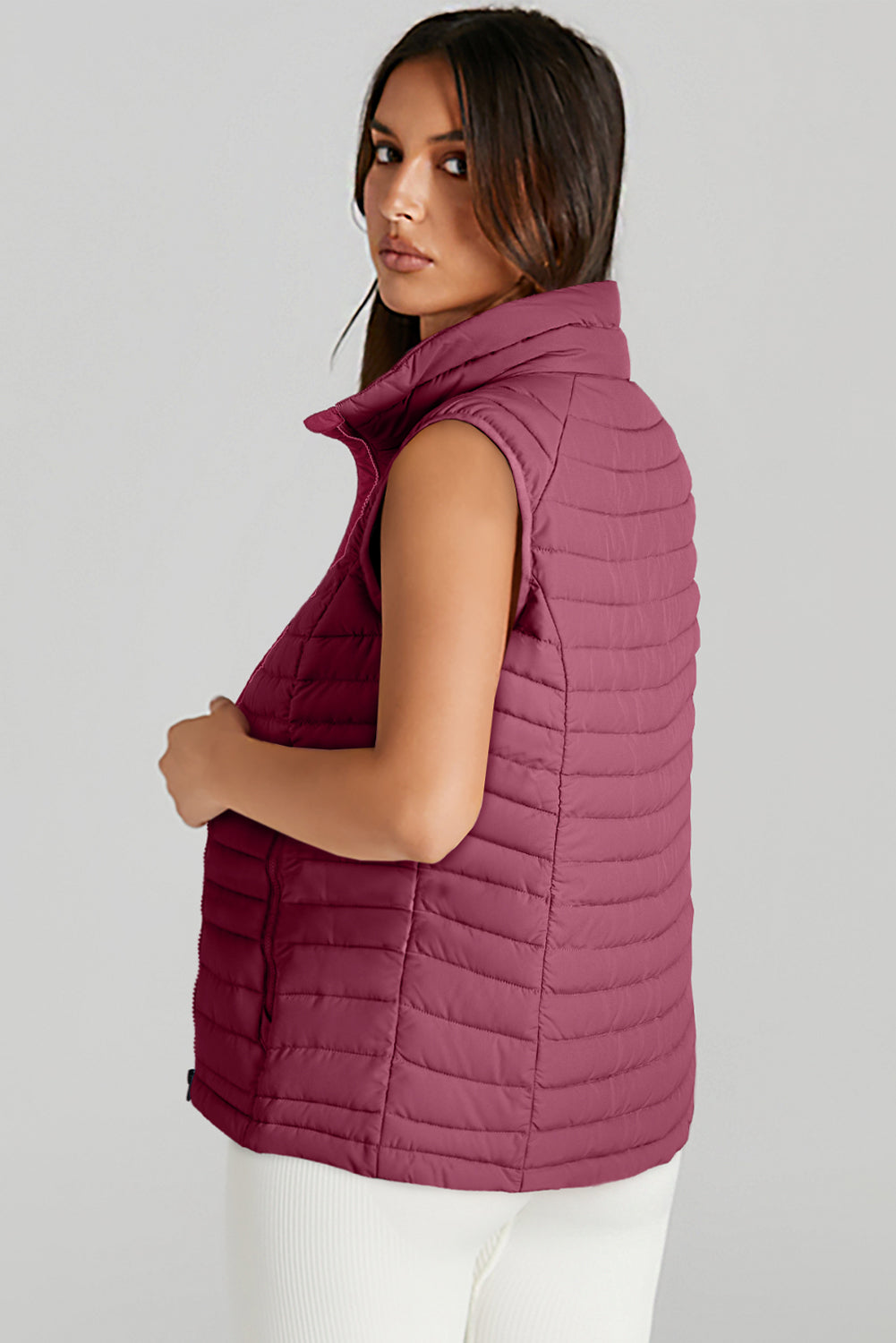 Burgundy Plush Collared Quilted Zipped Puffer Vest-Chaelisa's New Jammies