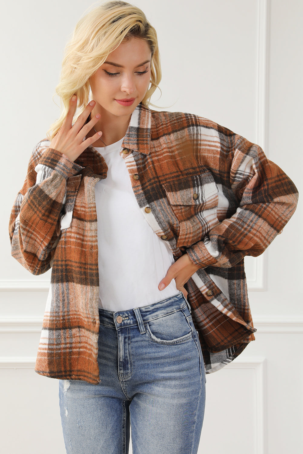 Brown Plaid Flap Pockets Shacket-Chaelisa's New Jammies